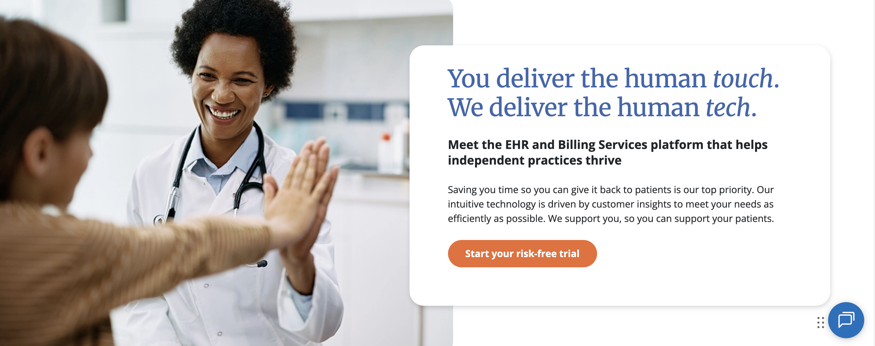 Practice Fusion electronic medical record (EMR) software homepage featuring cloud-based EHR, medical billing services, and practice management tools for independent healthcare practices