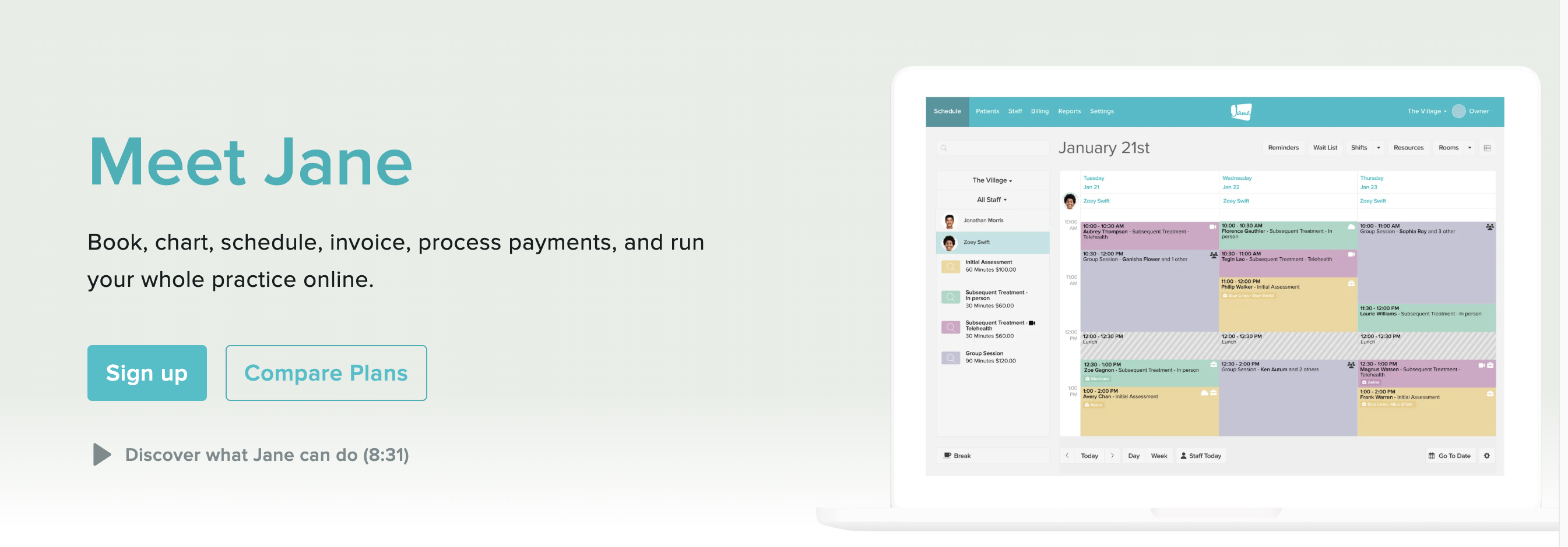 Jane App cloud-based EMR software featuring appointment scheduling, patient charting, billing, and practice management
