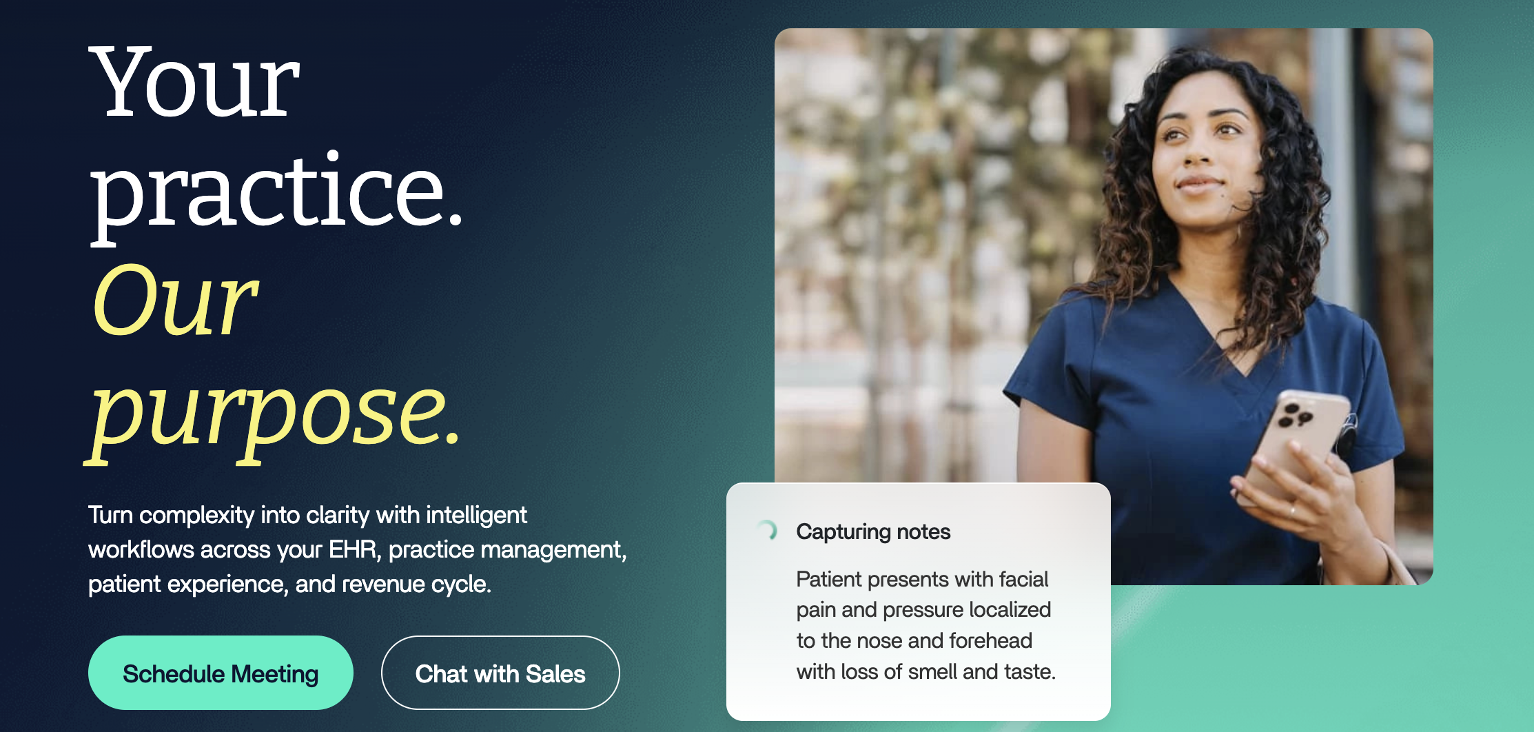 NextGen Healthcare electronic medical record (EMR) software homepage featuring AI-powered EHR, practice management, patient experience, and revenue cycle management solutions for healthcare practices