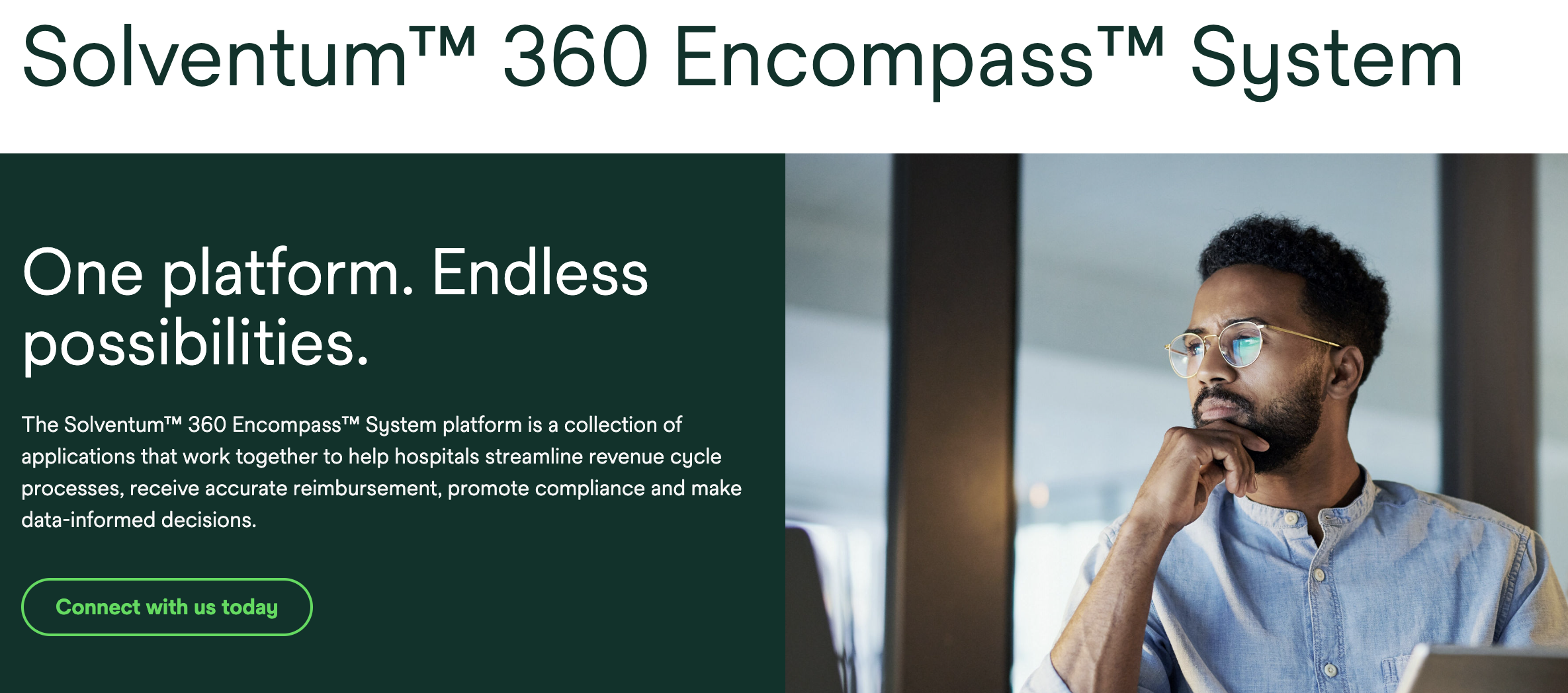 Solventum 360 Encompass medical coding software homepage featuring revenue cycle management platform for hospitals.