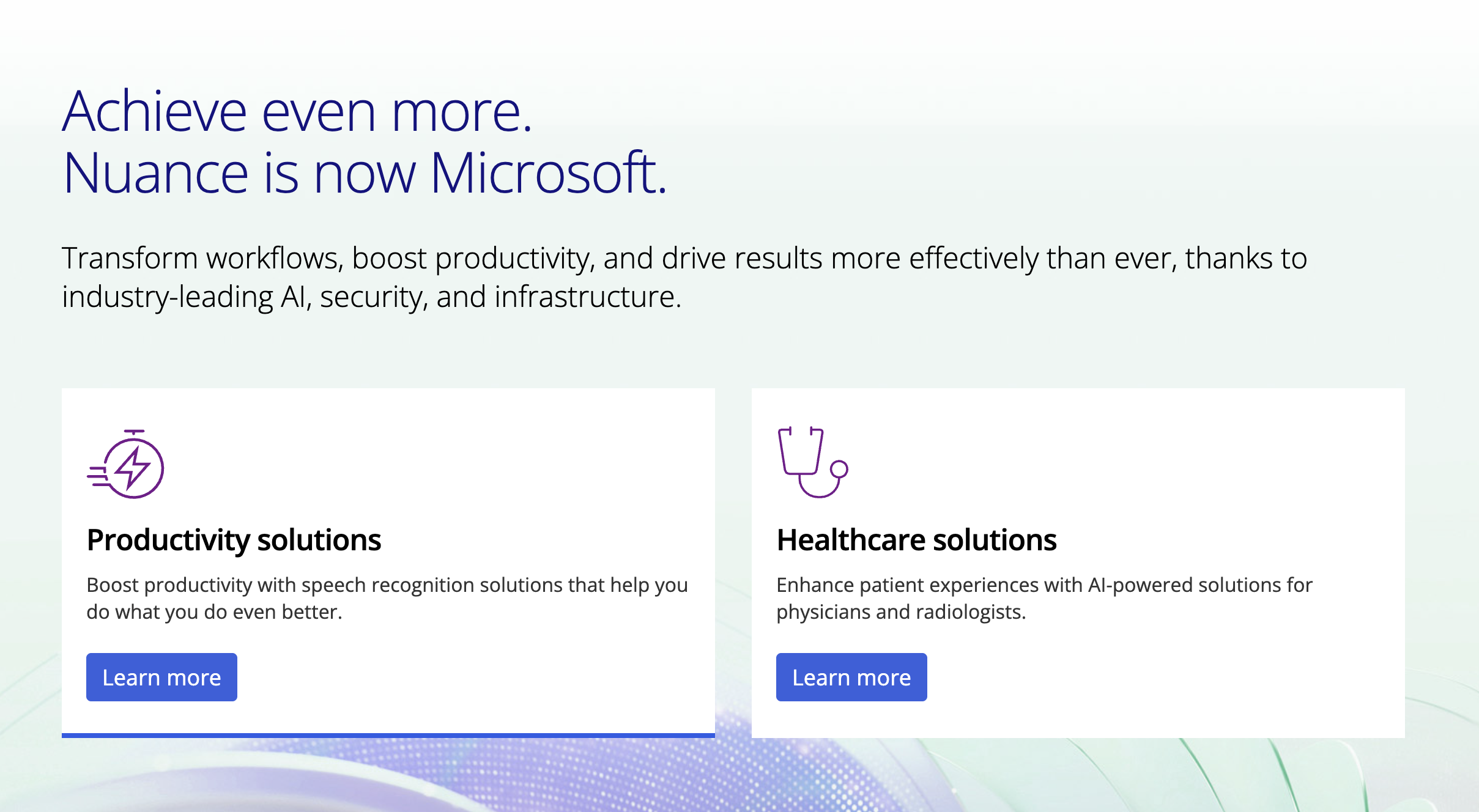 Nuance Dragon homepage showcasing Microsoft branding and AI-powered healthcare solutions, often evaluated by clinicians researching an Abridge alternative.
