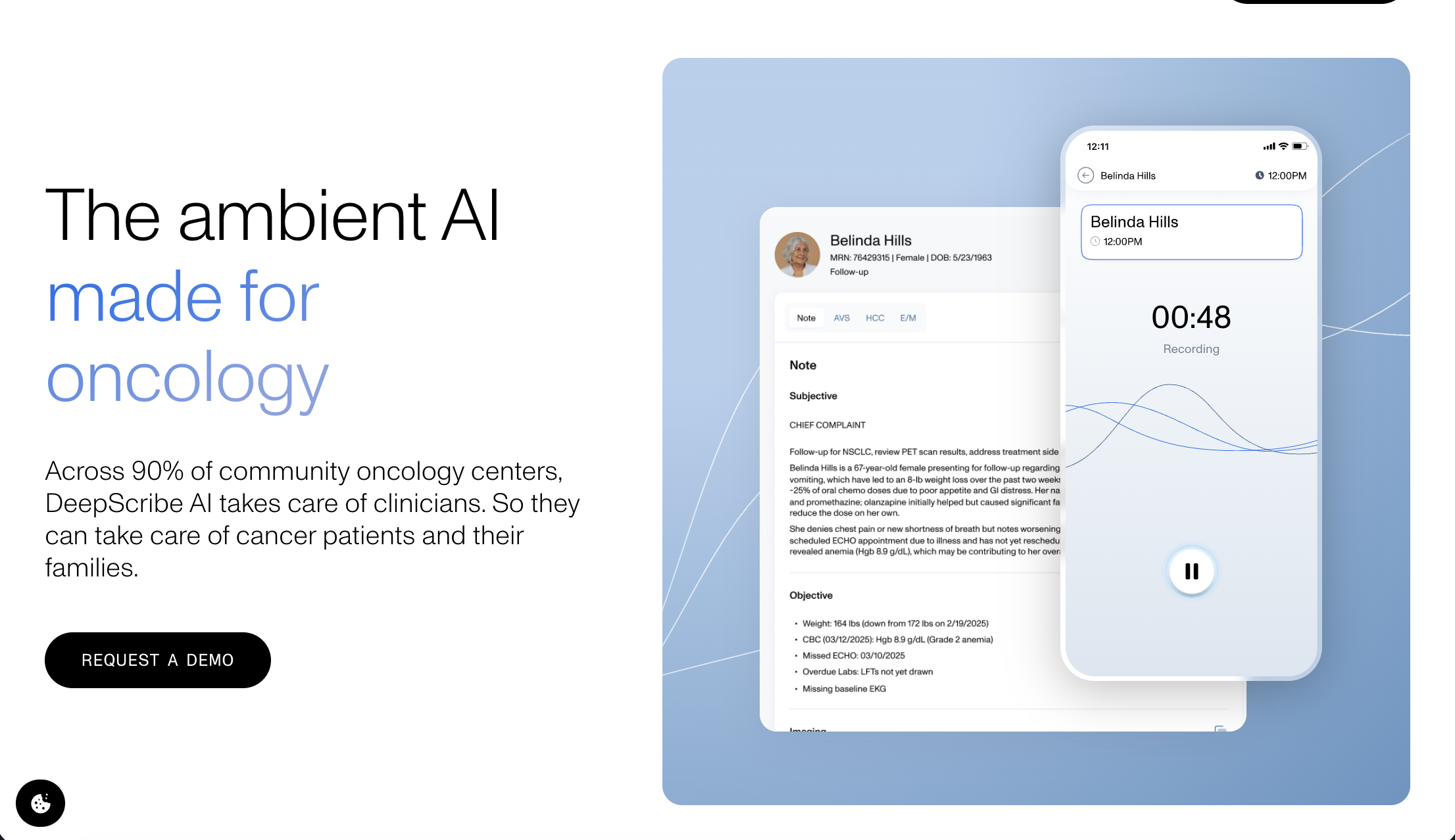 DeepScribe homepage highlighting its ambient AI documentation platform for oncology clinics researching an Abridge alternative.