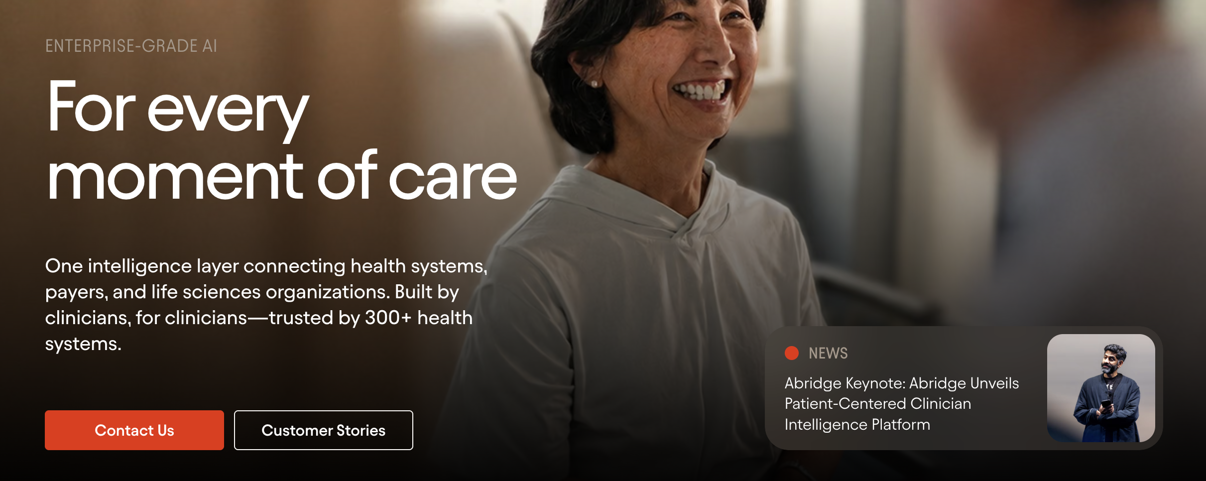 Abridge AI medical scribe homepage promoting its enterprise healthcare platform for clinicians, health systems, payers, and life sciences organizations.