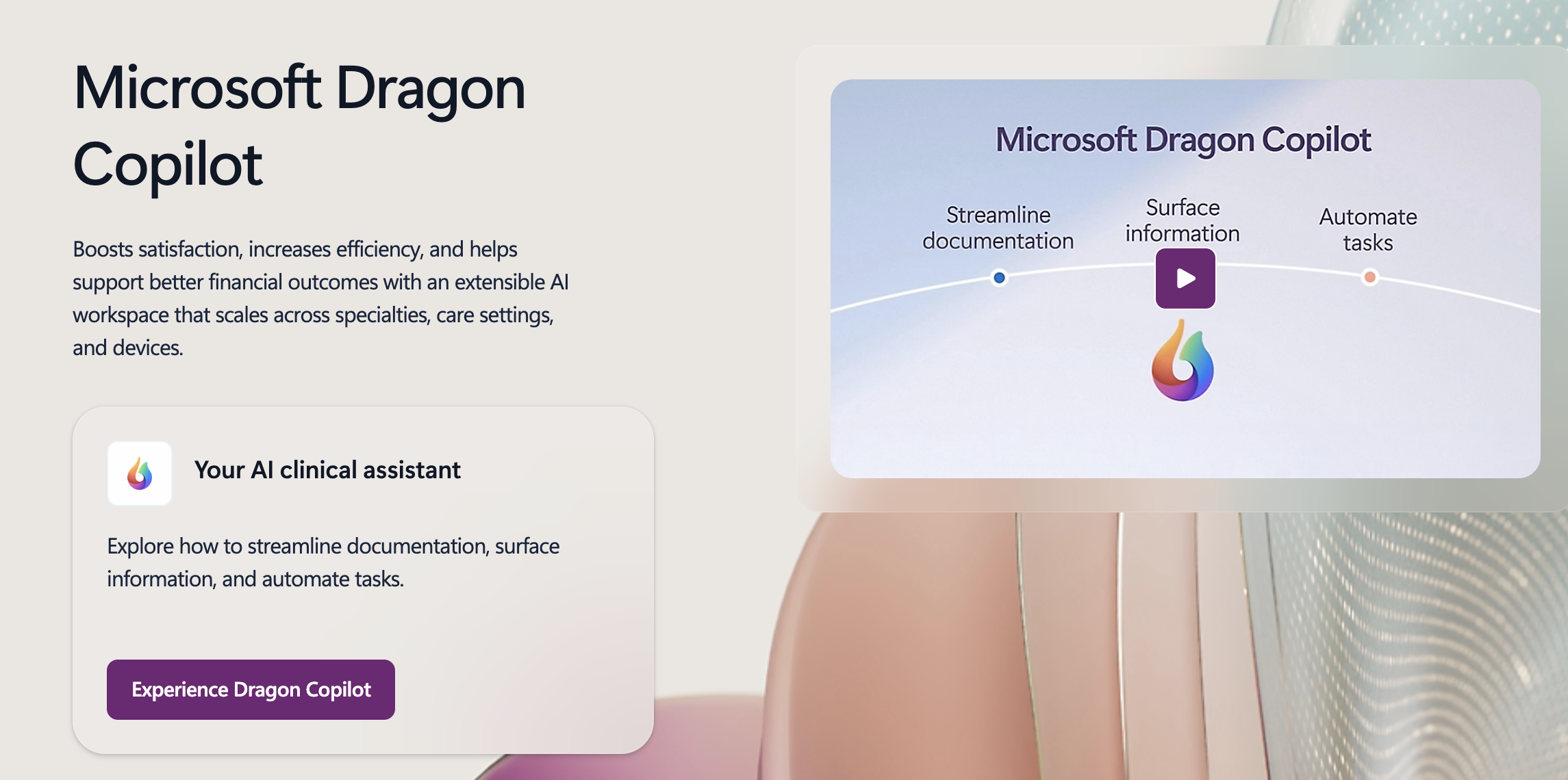 Microsoft Dragon Copilot homepage promoting its AI clinical assistant for healthcare documentation, clinical workflows, and task automation.
