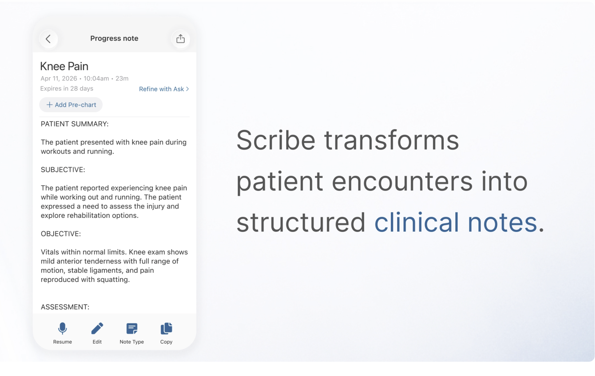 Doximity Scribe interface showing an AI-generated clinical note that transforms patient encounters into structured clinical documentation.