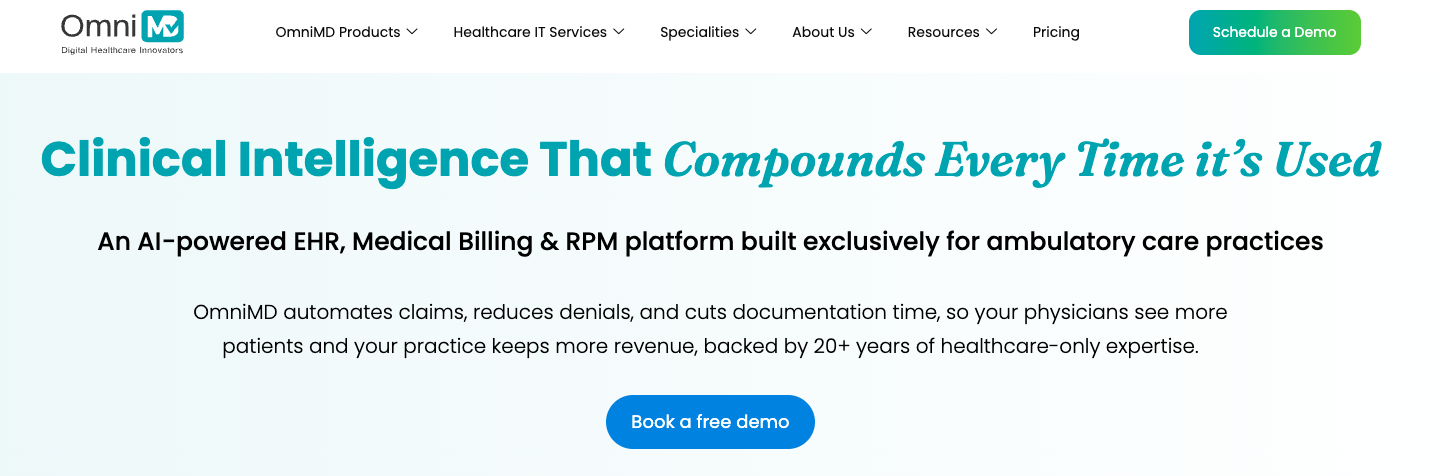 OmniMD EMR software homepage showcasing its AI-powered electronic health record (EHR) platform for ambulatory care practices.