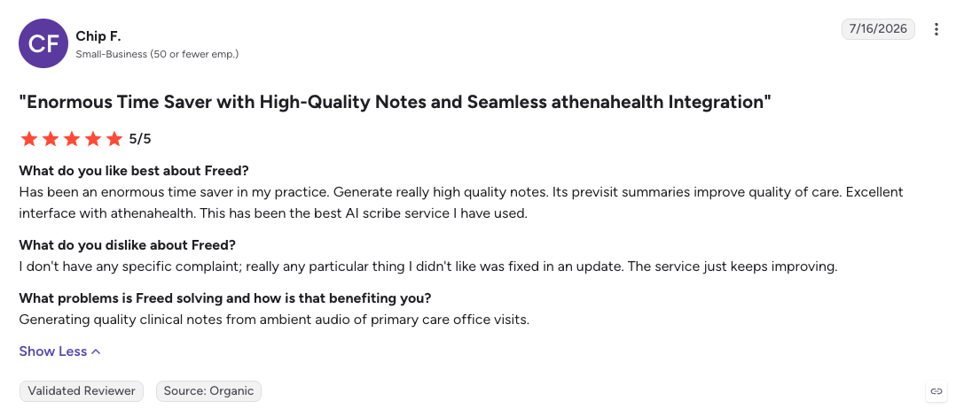 Freed AI scribe 5-star review highlighting high-quality clinical notes, significant time savings, previsit summaries, and seamless athenahealth integration.