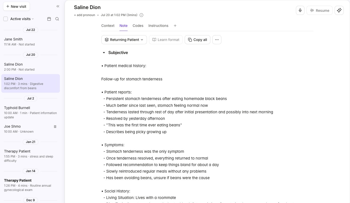 Ambient AI scribe generated SOAP note with visit summary
