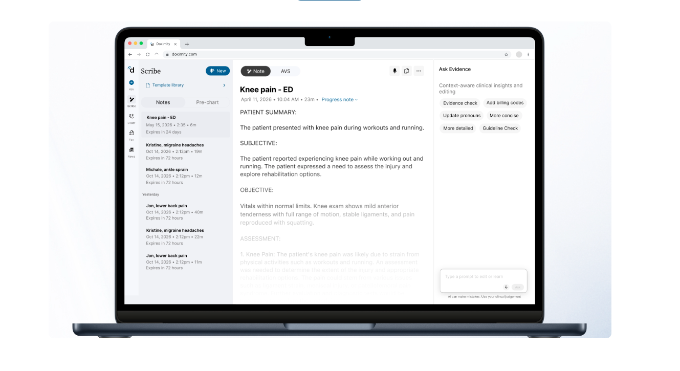 Doximity scribe with patient summary, and template breakdown