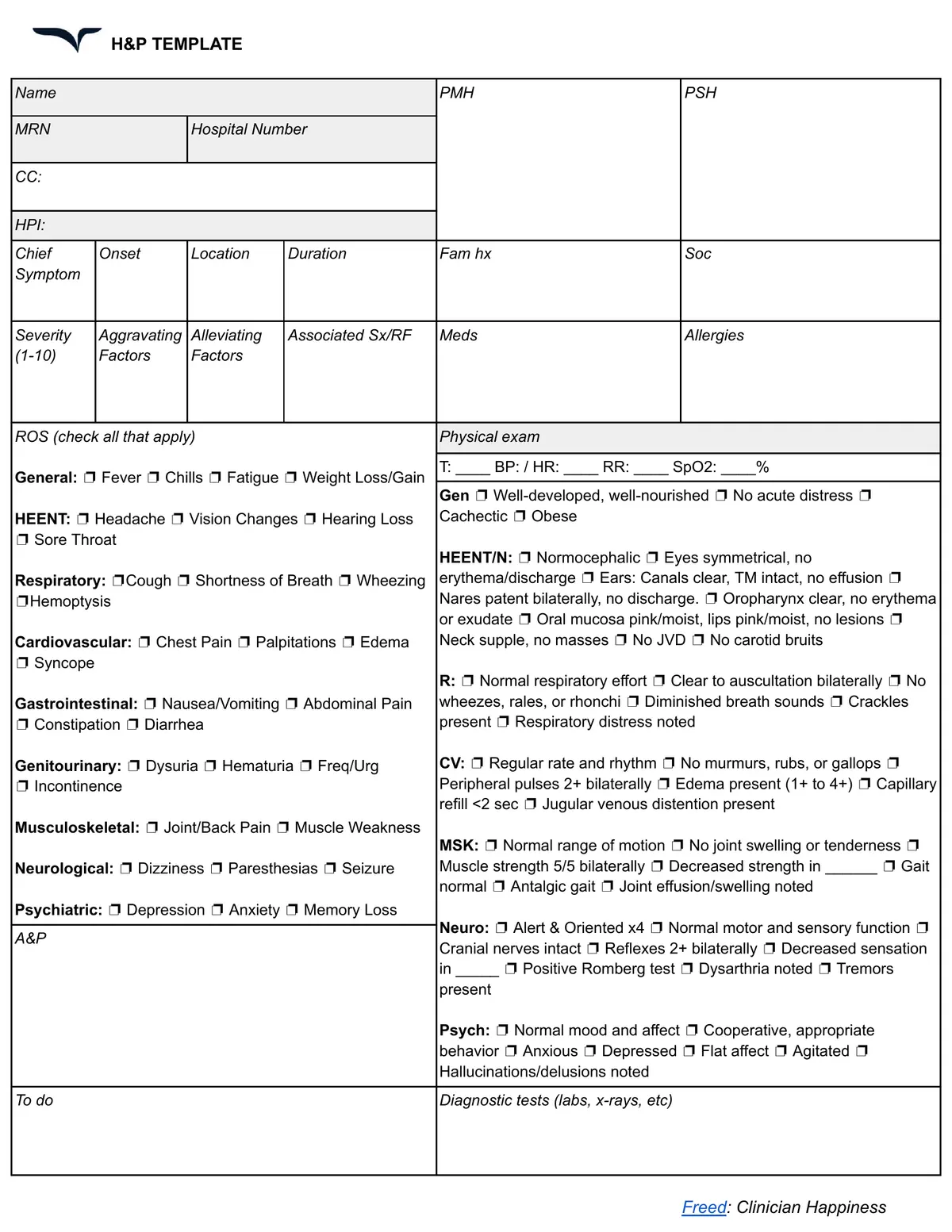 Hospital admission note template (H&P format)