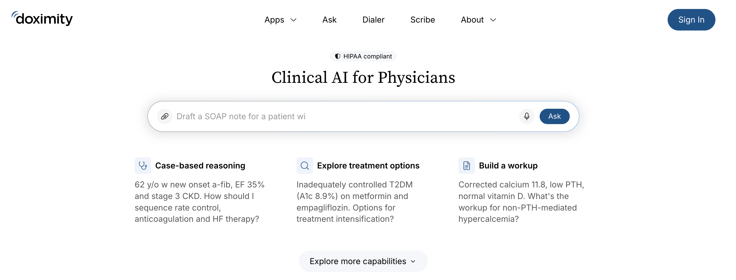 Doximity homepage showing its Clinical AI for Physicians tool for case-based reasoning, treatment options, and building a workup.