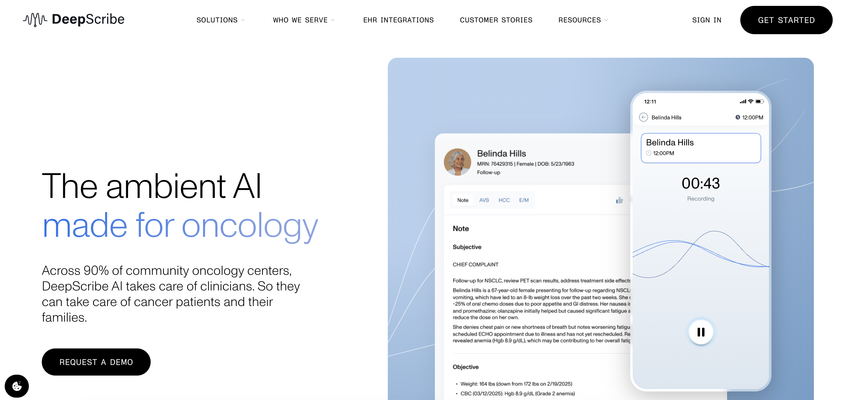 DeepScribe homepage showing its ambient AI scribe interface built for oncology documentation.