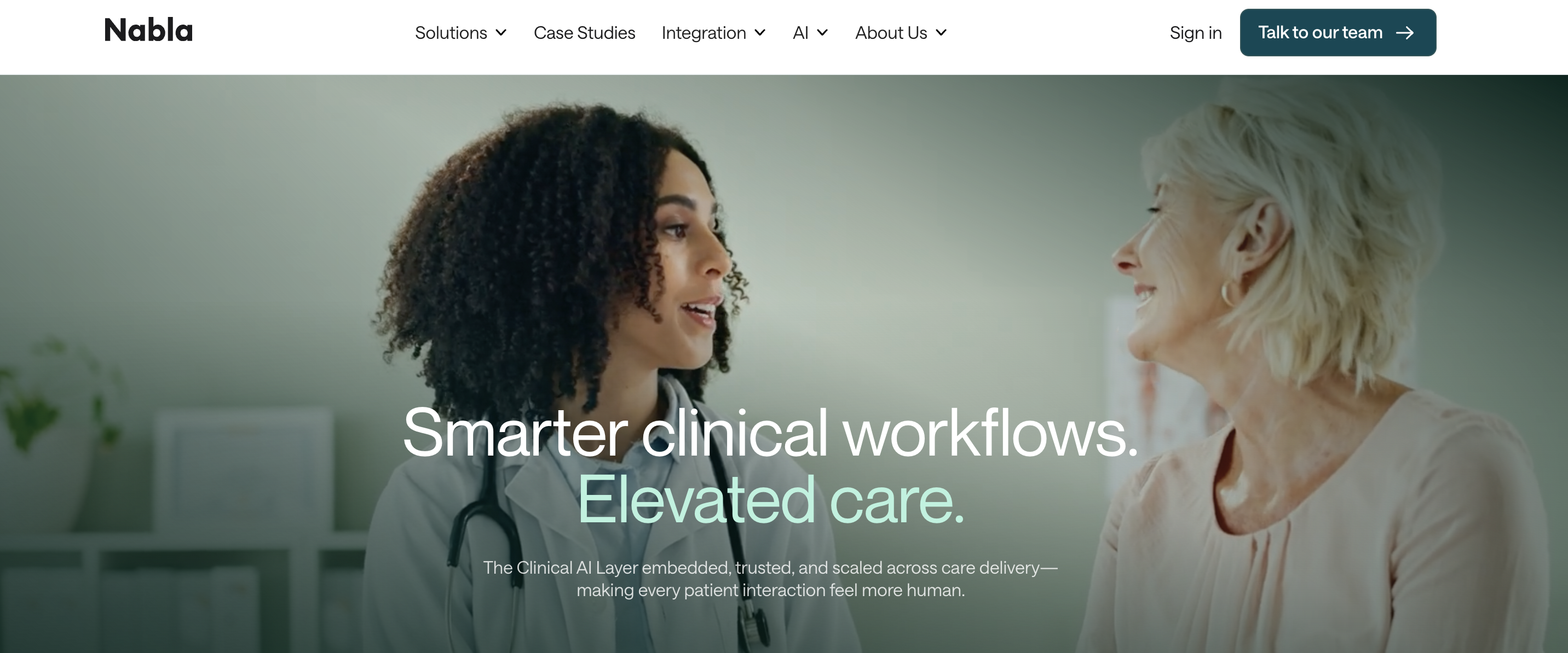 Nabla homepage promoting its Clinical AI Layer for smarter clinical workflows and elevated patient care.