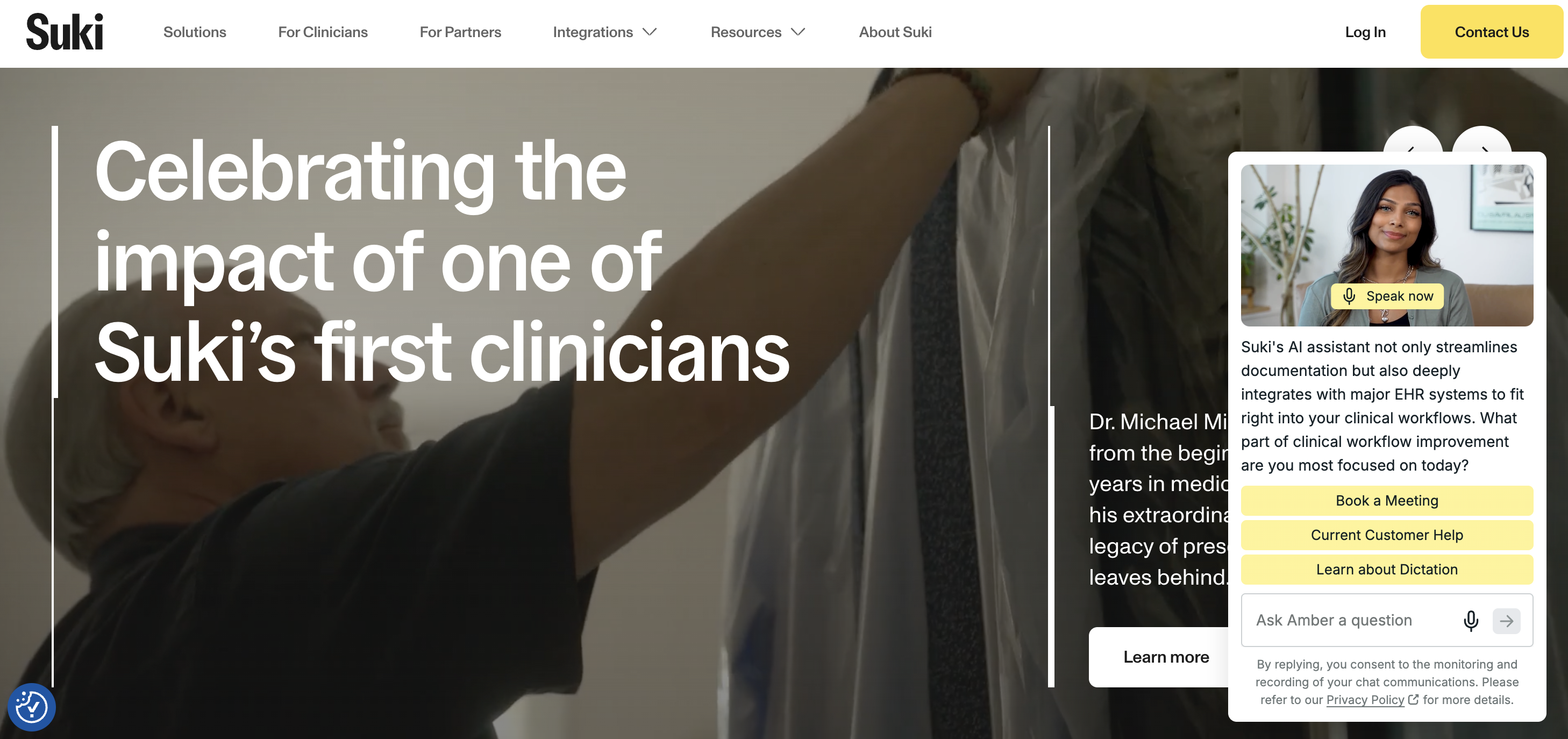 Suki AI homepage promoting its AI clinical assistant that streamlines documentation and integrates with major EHR systems.