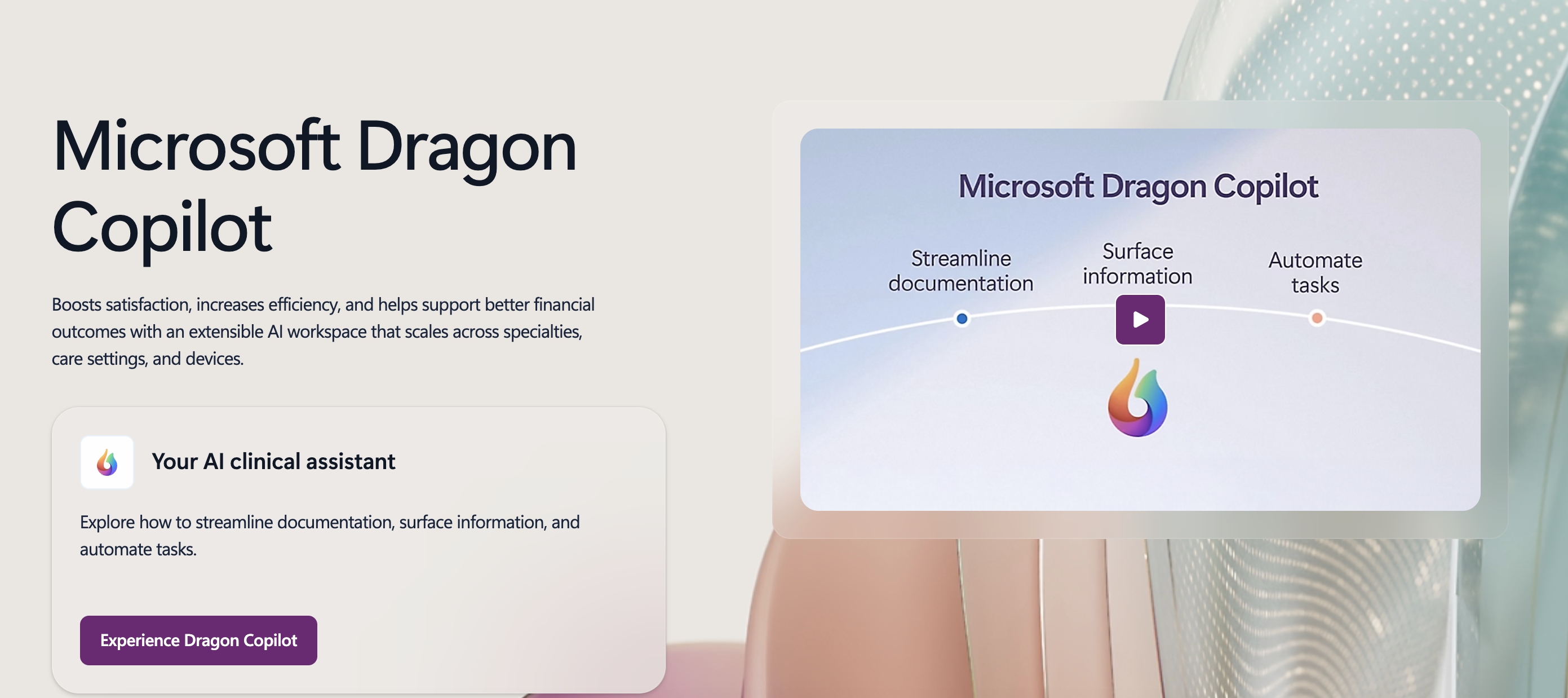 Microsoft Dragon Copilot homepage showing its AI clinical assistant for streamlining documentation, surfacing information, and automating tasks.
