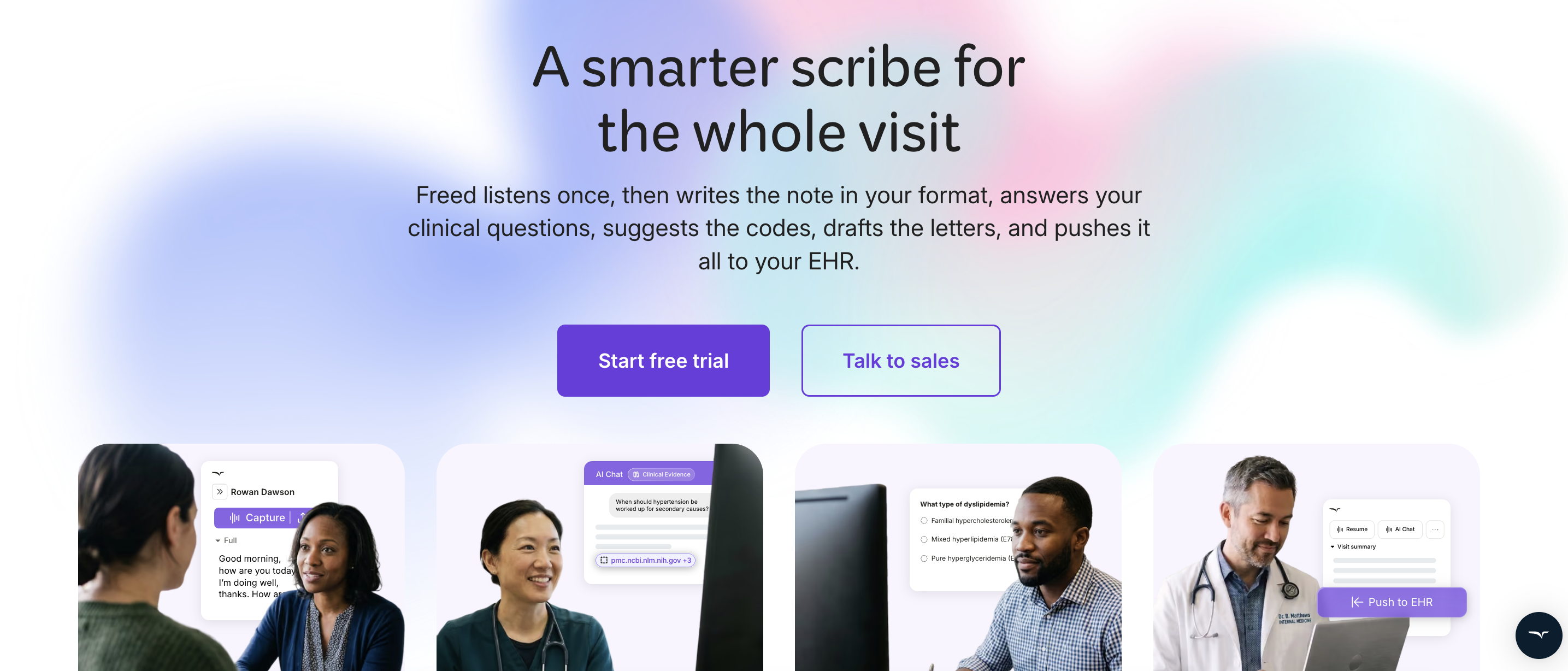 Freed homepage showing its AI medical scribe capturing a patient visit, an AI clinical chat panel, and one-click push to EHR.