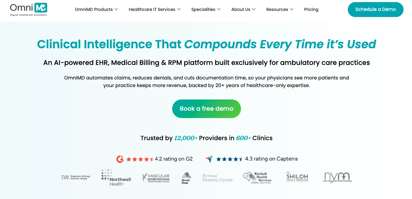 OmniMD home page showcasing clinical intelligence across EHR, billing, and RPM platforms.