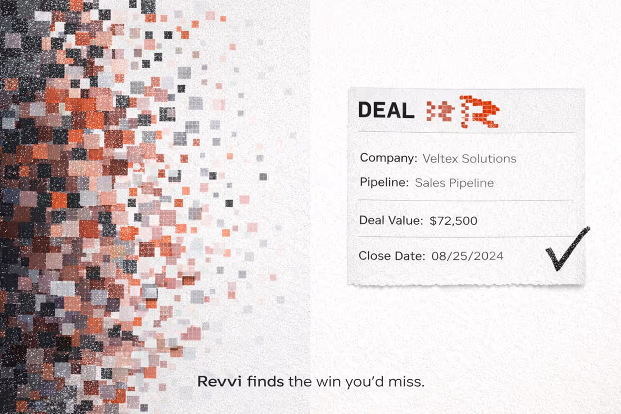 Digital mosaic on left with a deal summary on the right showing Veltex Solutions, sales pipeline, deal value $72,500, close date 08/25/2024, and a checkmark with text 'Revvi finds the win you’d miss.'