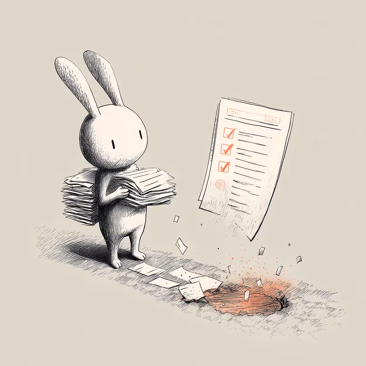 Illustration of a bunny holding a stack of papers while a checklist sheet with red checkmarks falls into a pit emitting a red glow.