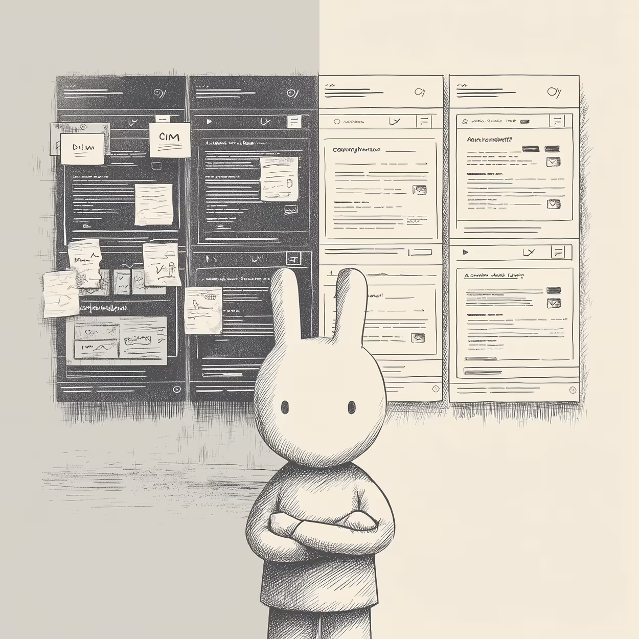 Sketch of a bunny character with arms crossed standing in front of a wall displaying two dark and two light digital wireframes or webpage designs with sticky notes.