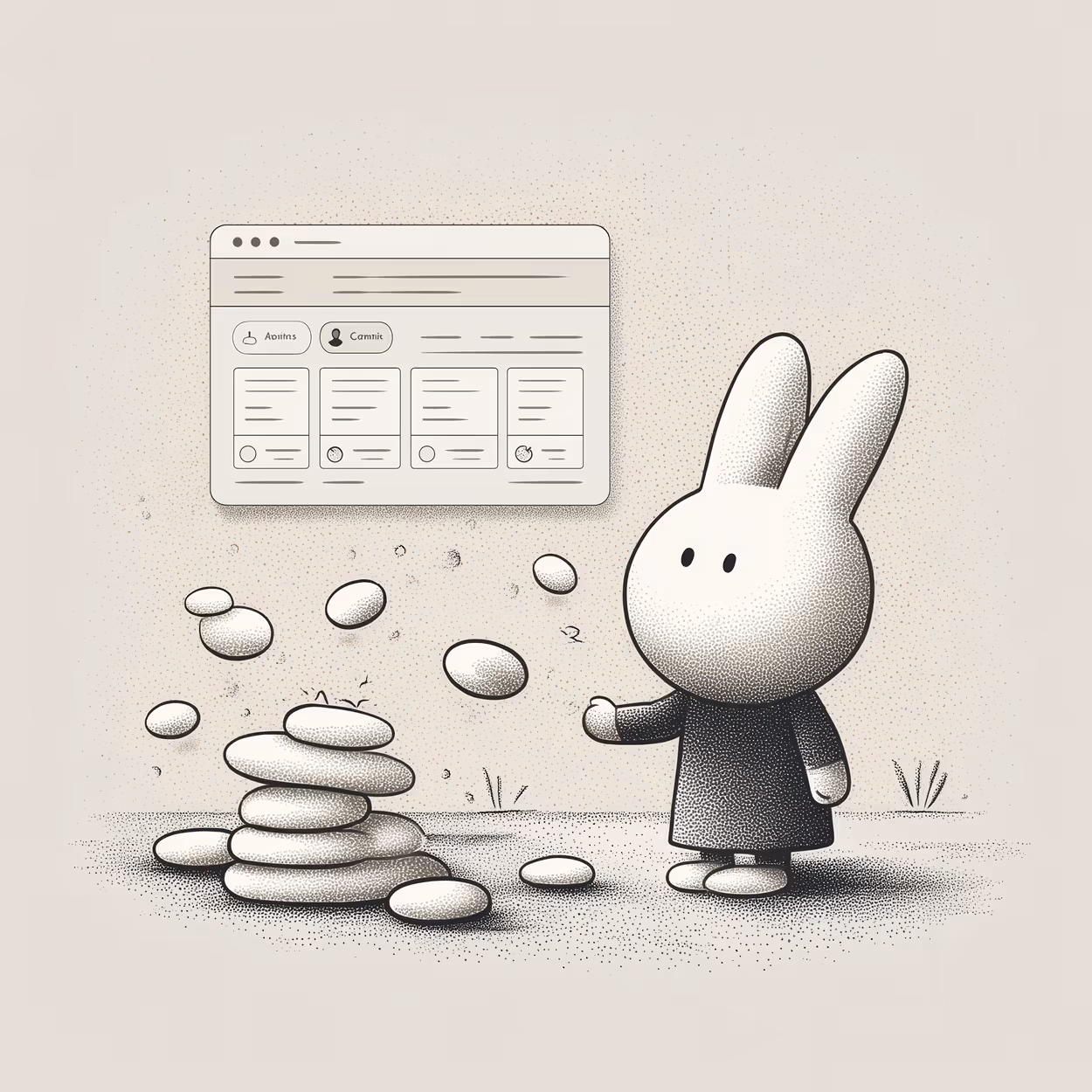 Monochrome illustration of a rabbit character juggling and stacking oval stones with a stylized web browser window floating above.