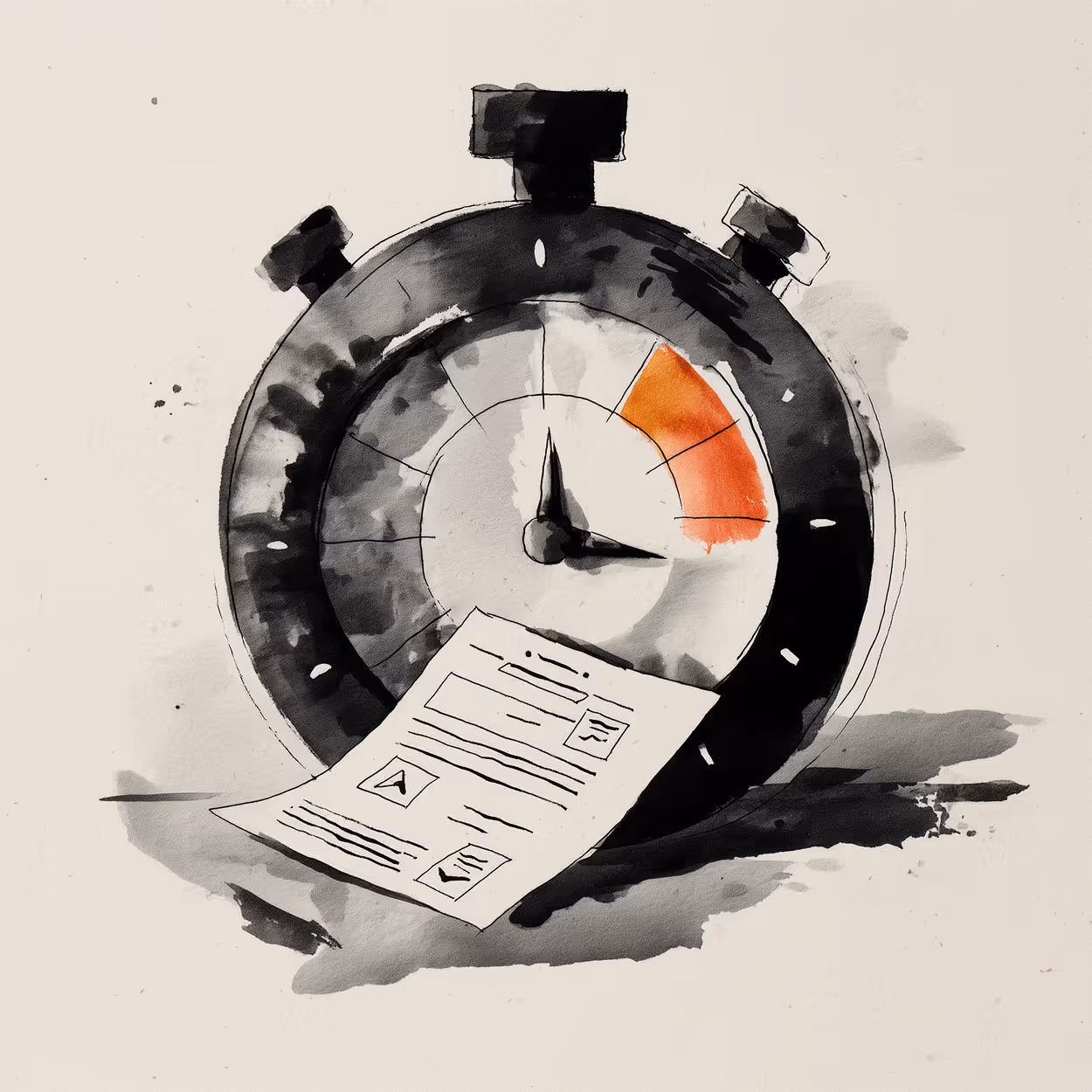 Watercolor illustration of a stopwatch with an orange segment and a document with text and checkboxes in front of it.