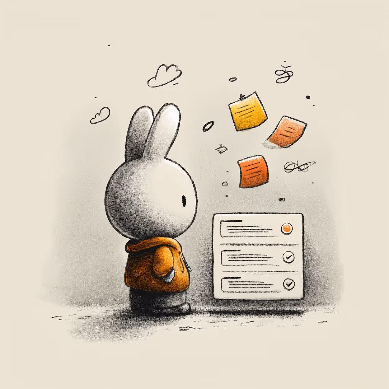 Illustration of a white bunny wearing an orange hoodie looking at floating sticky notes and a checklist with two completed items.