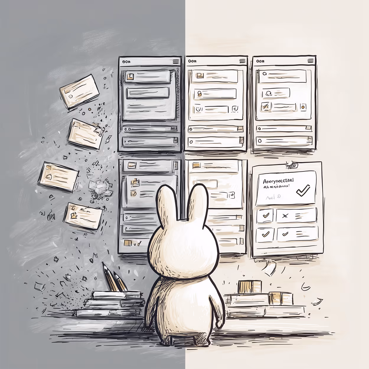 Illustration of a bunny figure facing a wall with pinned notes and task boards, set against a split gray and beige background.