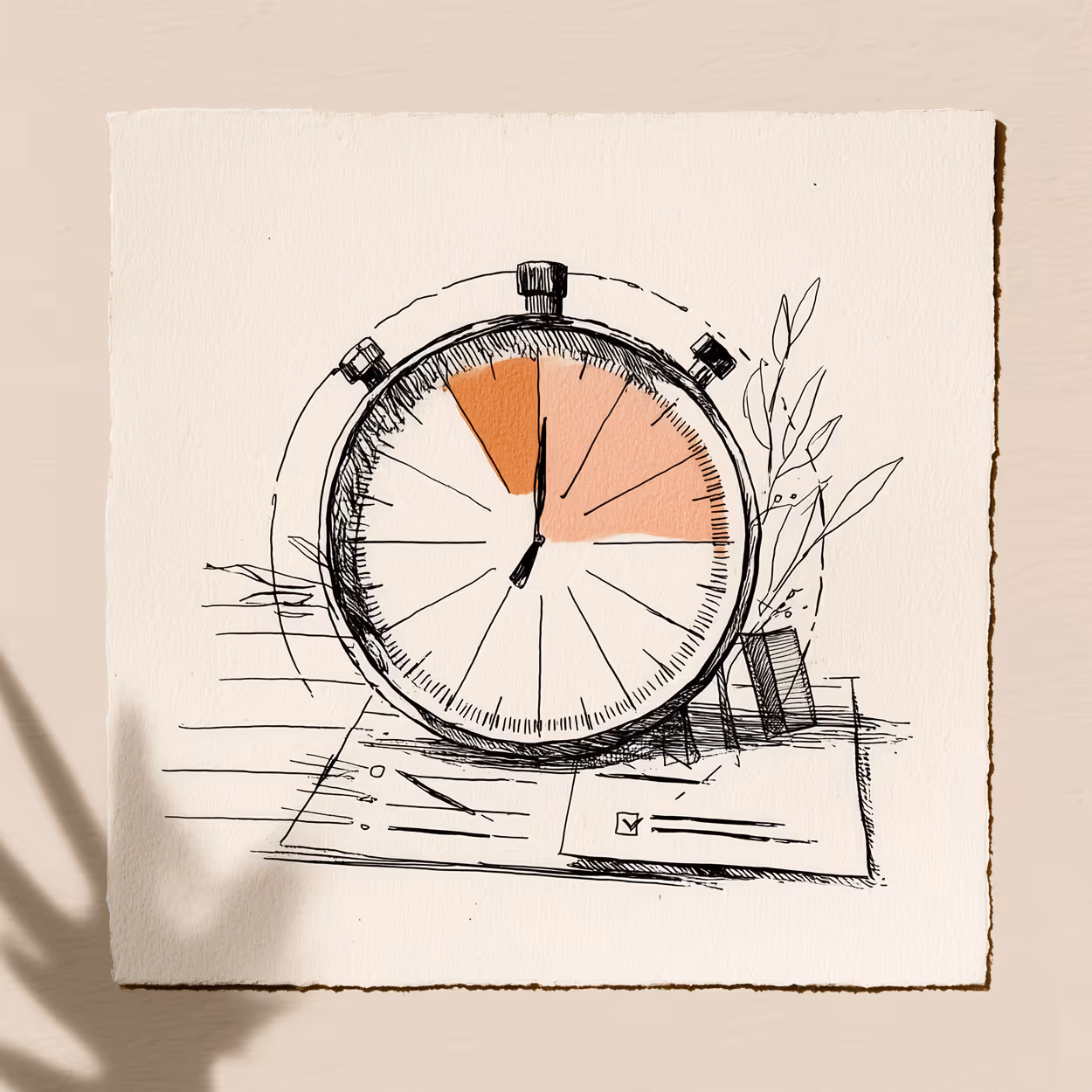 Sketch of a stopwatch resting on papers with shaded segments representing elapsed time.