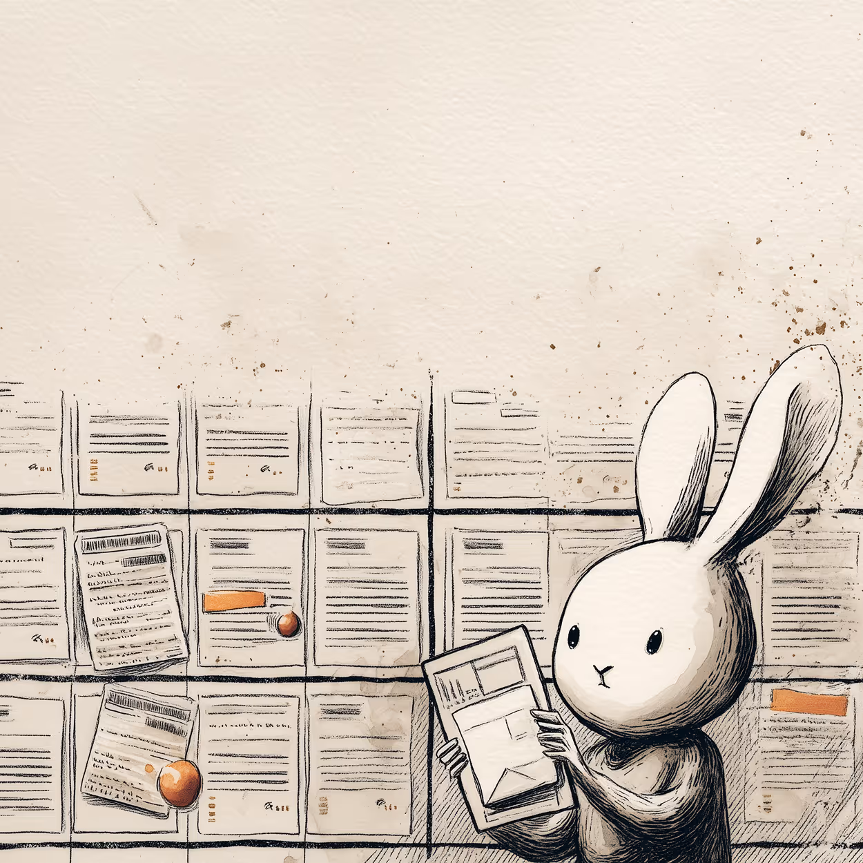 Illustration of a rabbit holding a document, standing next to a bulletin board filled with pinned papers and notes.