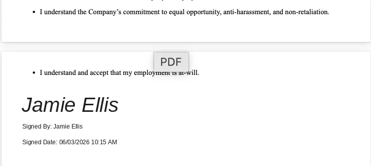Signed employee handbook acknowledgment document