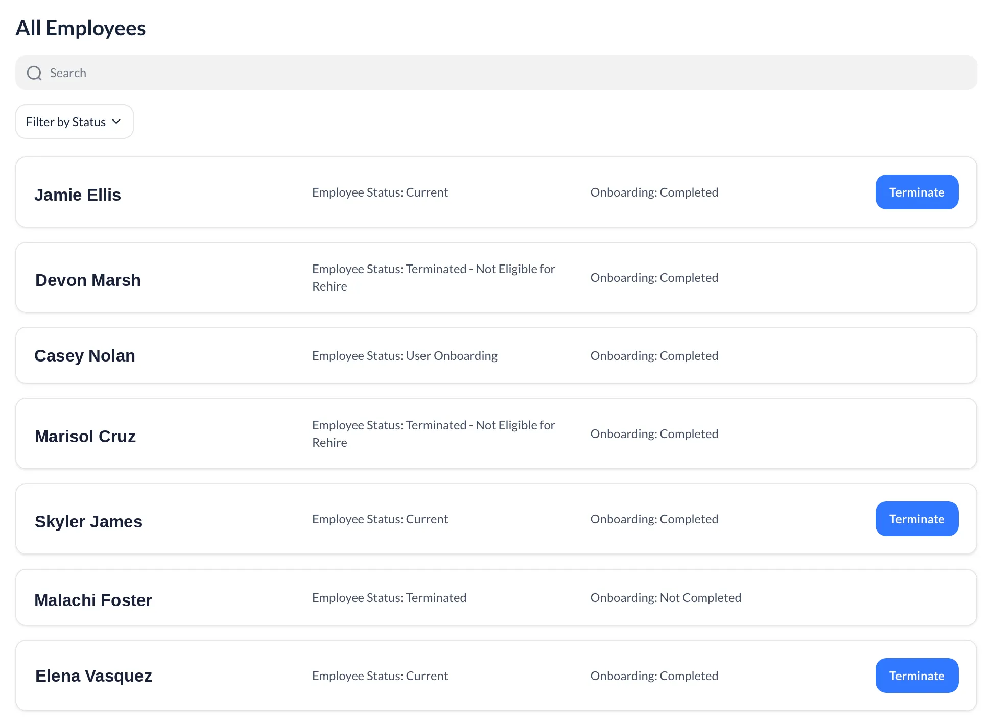 All Employees list showing status and onboarding progress