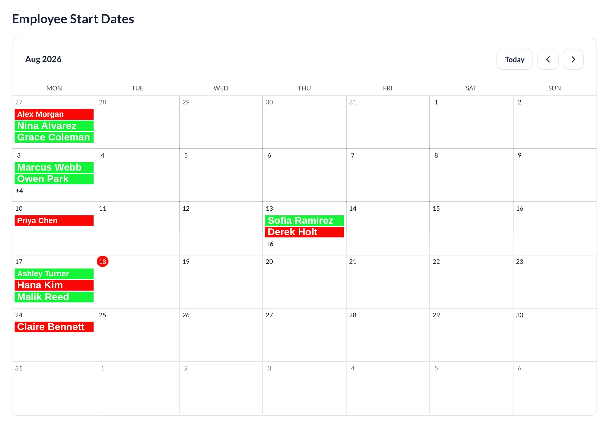 Employee start dates calendar view