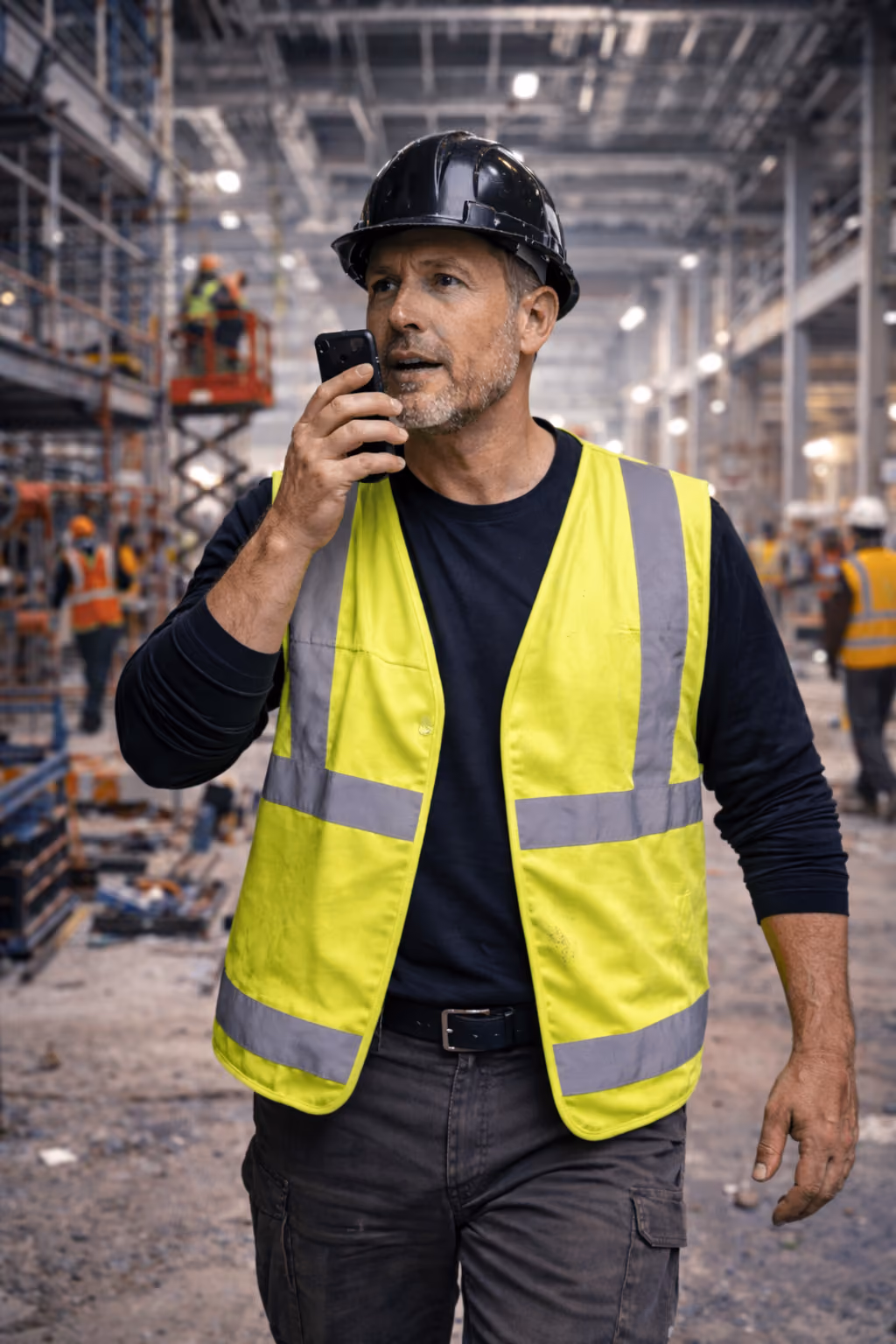 Site supervisor on a construction site using WhatsApp, alongside the Scopey assistant.