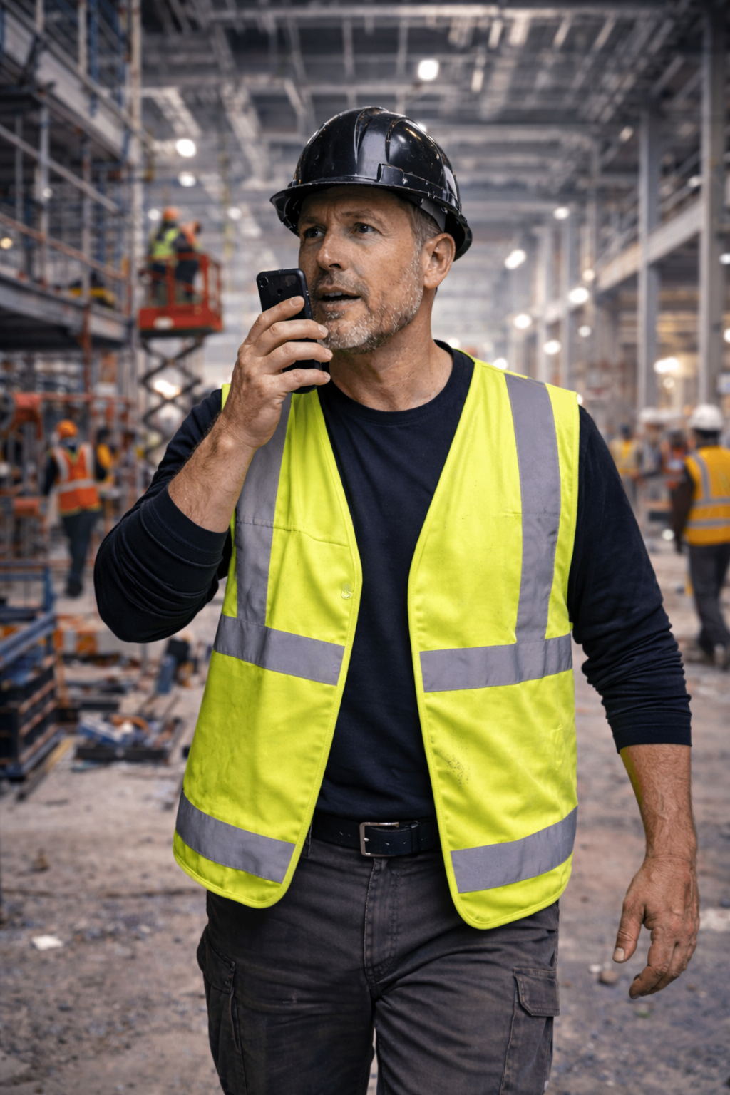Site supervisor on a construction site using WhatsApp, alongside the Scopey assistant.
