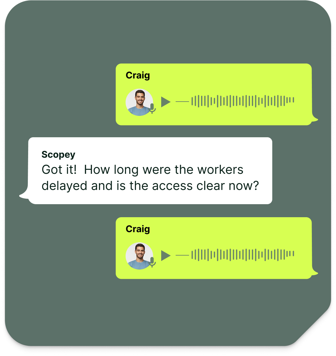 WhatsApp voice notes from a site supervisor answered by Scopey