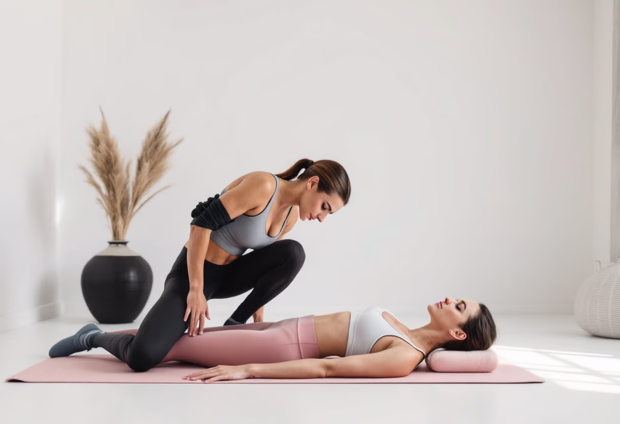 image of a personal trainer guiding a client through a workout