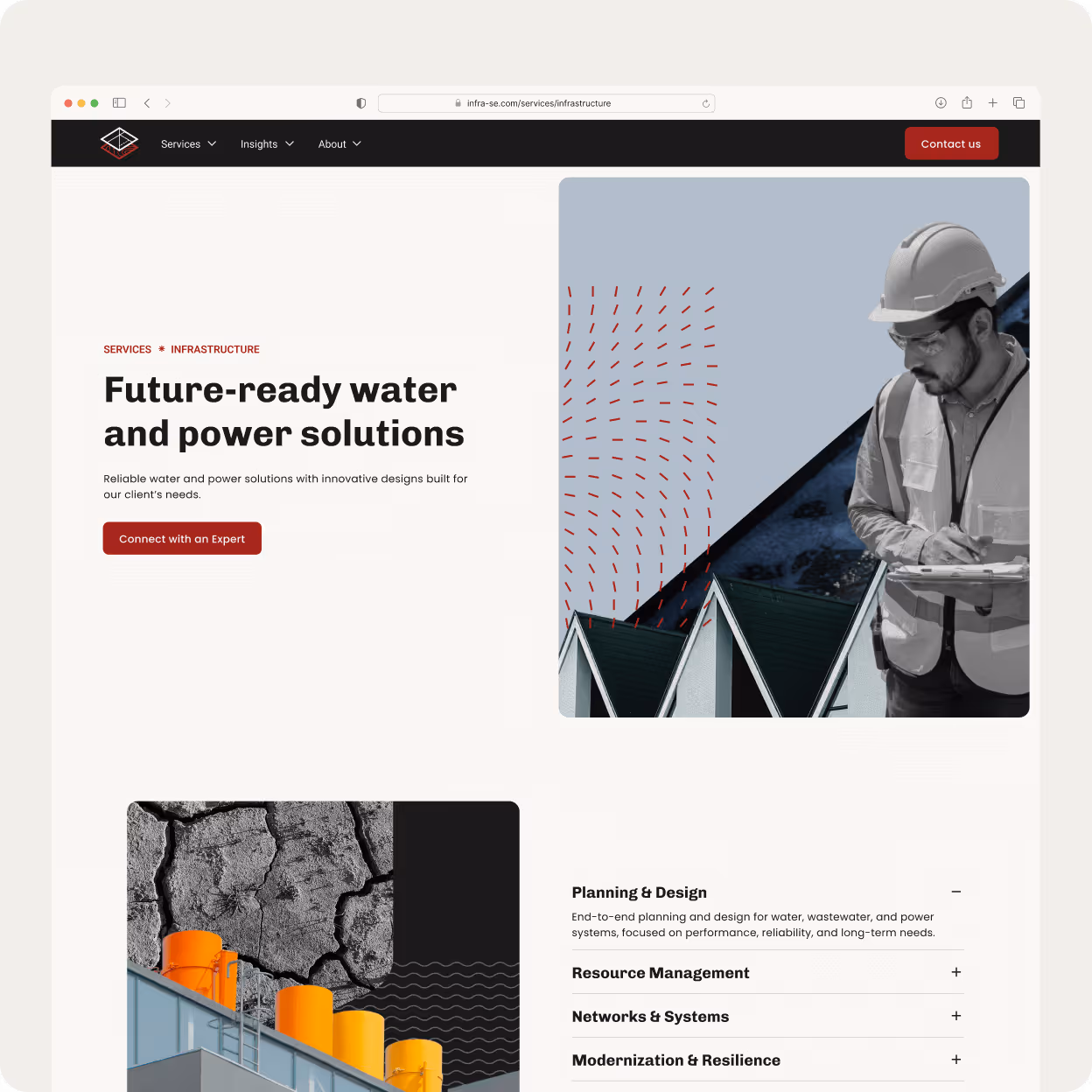 Website page showing future-ready water and power solutions with a construction worker in a hard hat and design elements, plus service categories.
