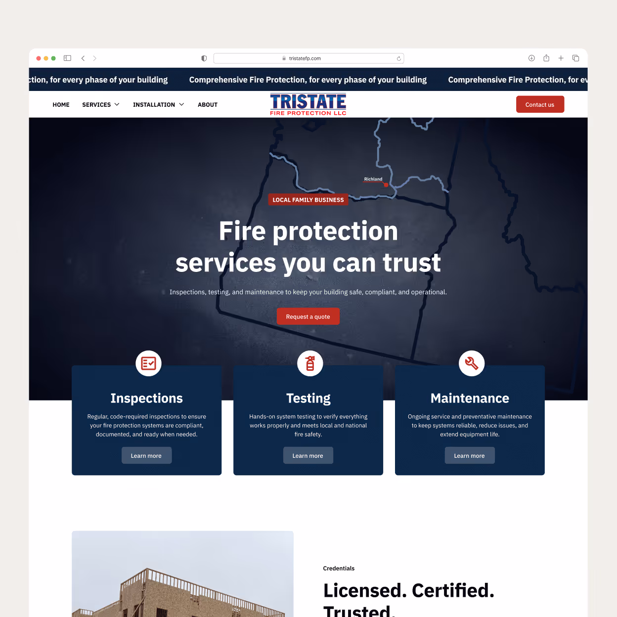 Website homepage for Tristate Fire Protection LLC showing fire protection services including inspections, testing, and maintenance with a local business map background.