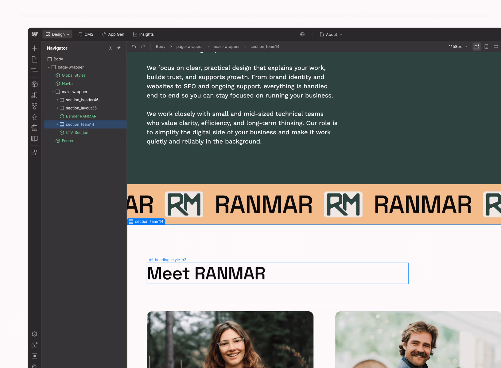 Screenshot of a web design interface showing a site section titled 'Meet RANMAR' with descriptive text, a repeating logo banner, and part of two smiling portraits underneath.