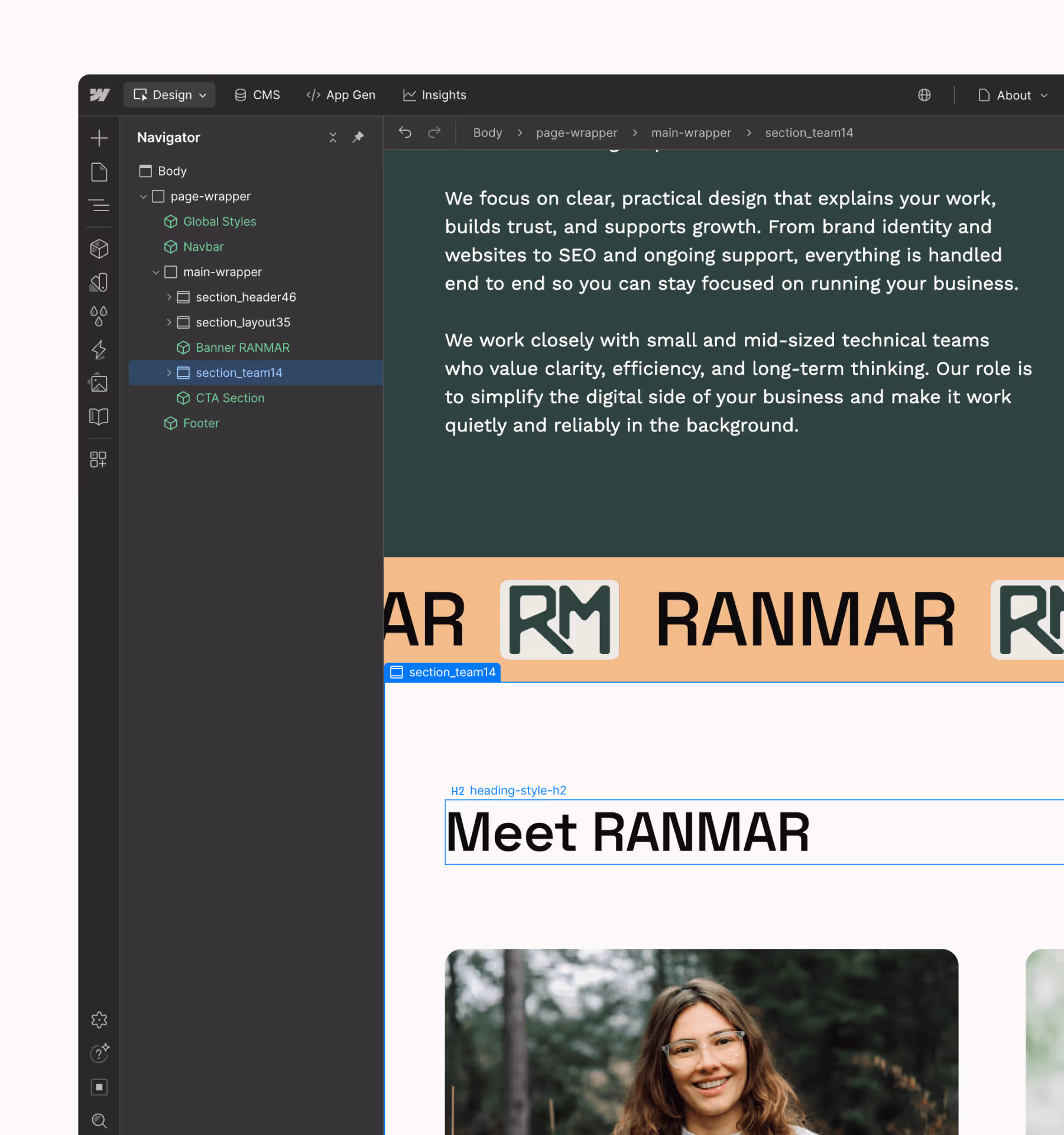 Web design editor interface showing a webpage section titled 'Meet RANMAR' with text about practical design and a smiling woman photo below.
