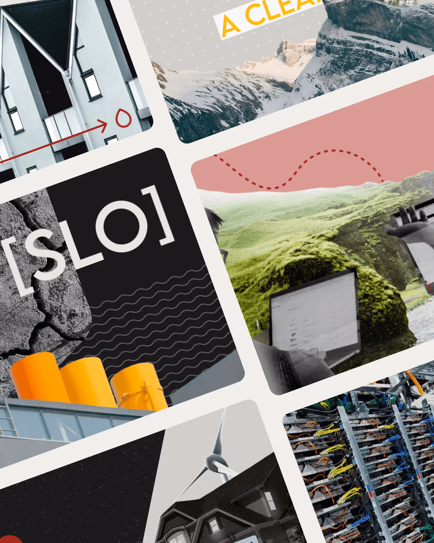 Collage of images including modern houses, a snowy mountain, industrial silos, a person working on a laptop in a green landscape, a wind turbine over a house, and network server racks.