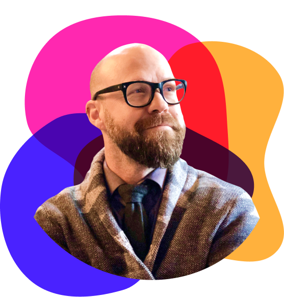 Picture of Steve Fisher looking off to the right with colourful blobs behind him as decoration.