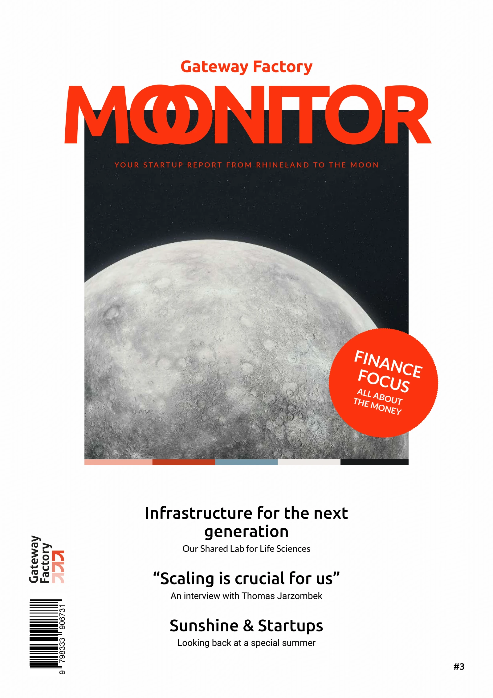 Moonitor issue 3 cover featuring the Moon and an orange Finance Focus badge.