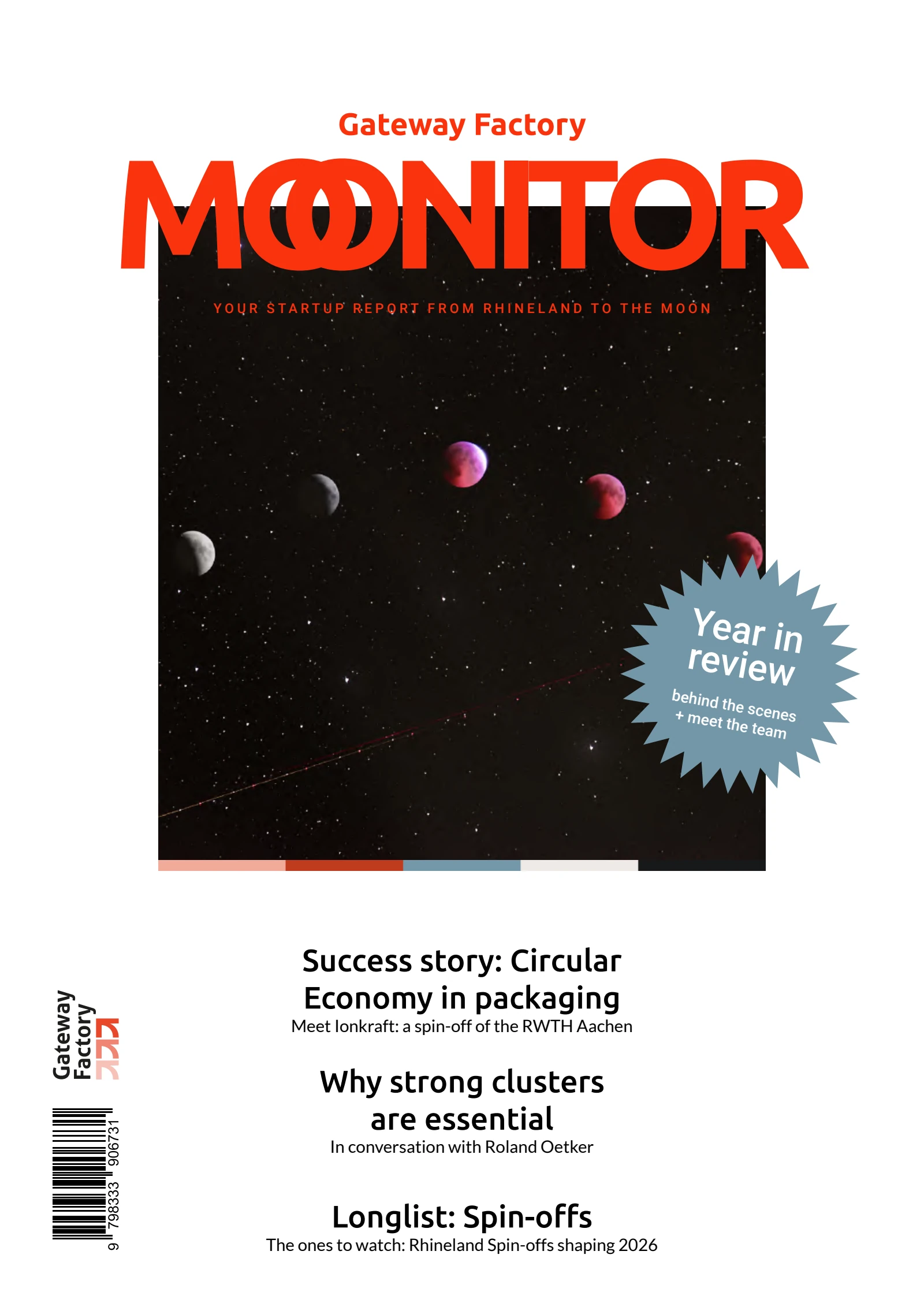 Moonitor issue 2 cover featuring planets, a year-in-review badge and highlights on IonKraft and Rhineland spin-offs.