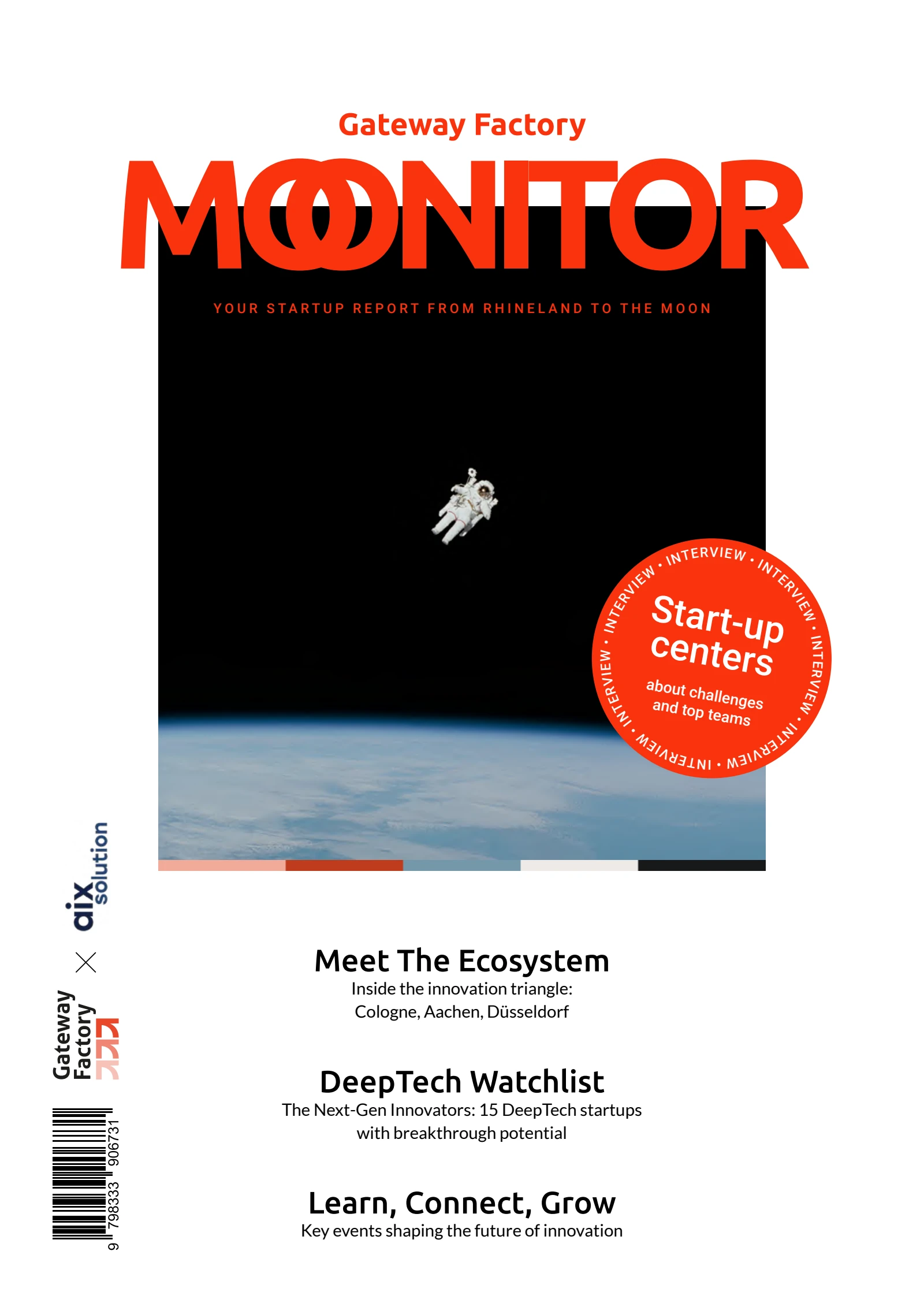 Moonitor issue 1 cover featuring an astronaut above Earth and highlights from the Rhineland DeepTech ecosystem.