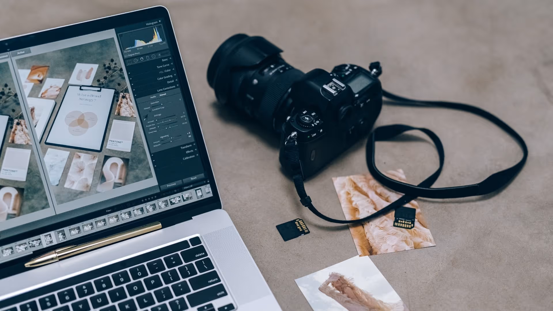Photography workflow with camera, laptop and image editing in progress