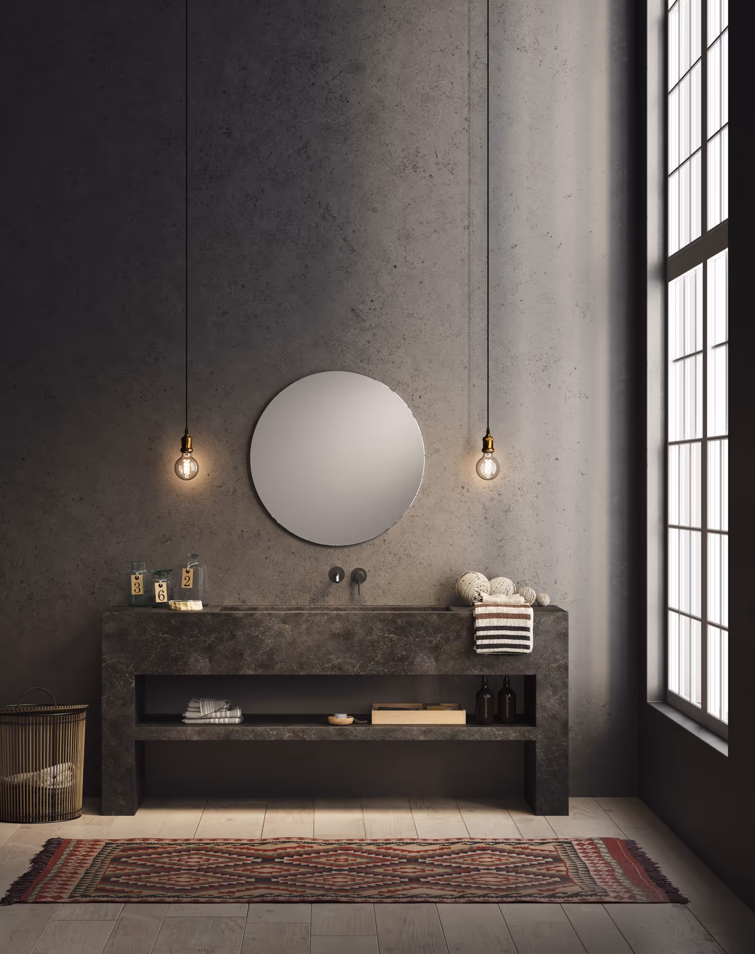 Modern bathroom vanity with round mirror, wall sconces, dark cabinetry, and soft lighting, interior design photography