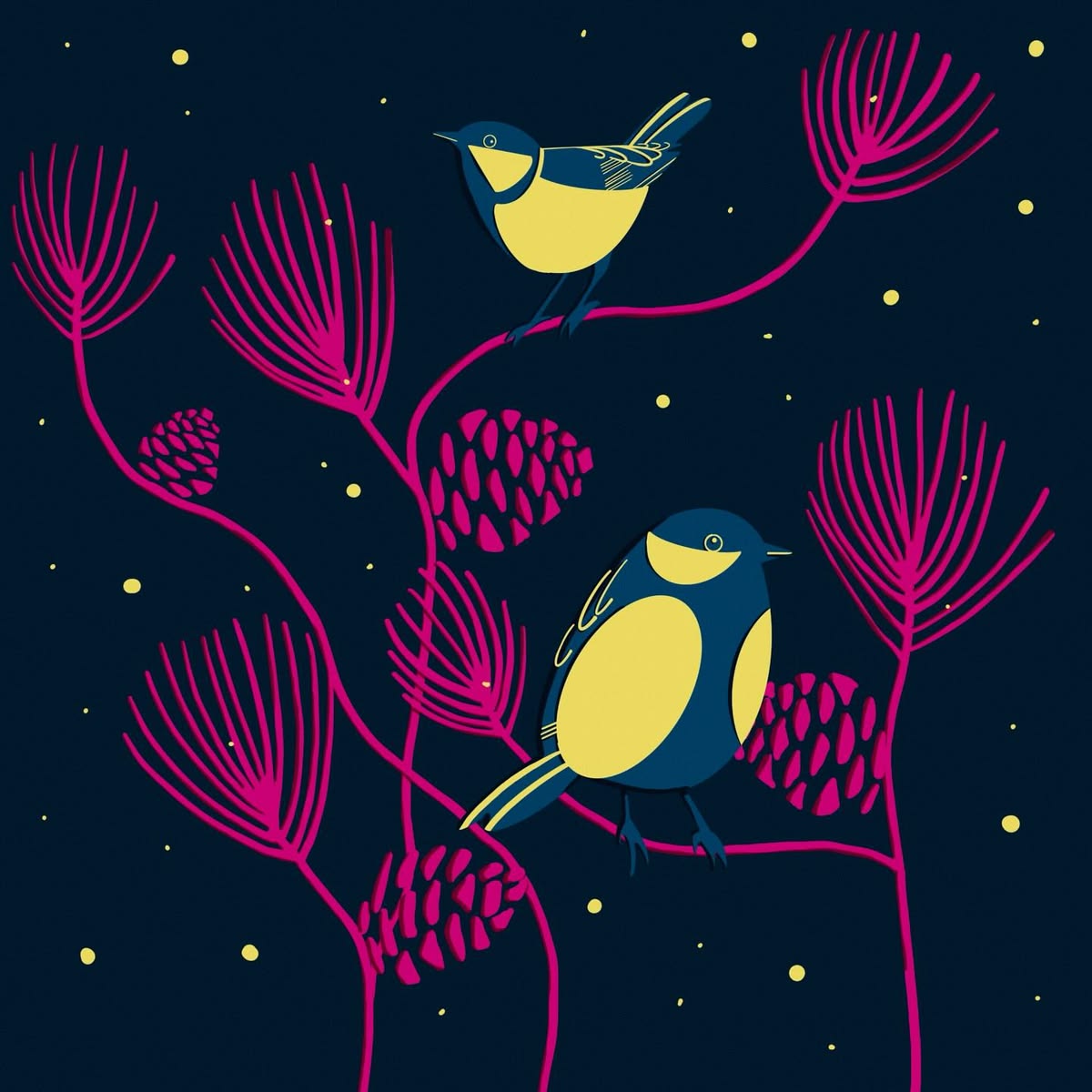 Two blue and yellow birds sitting on pink tree branches.
