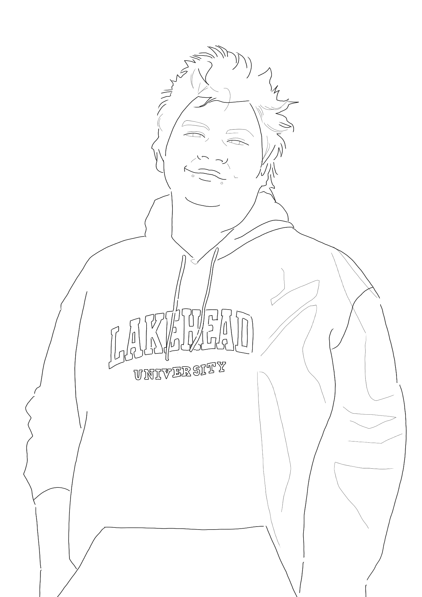 Drawn illustration of Malakai Mawageesick in a black Lakehead sweater.